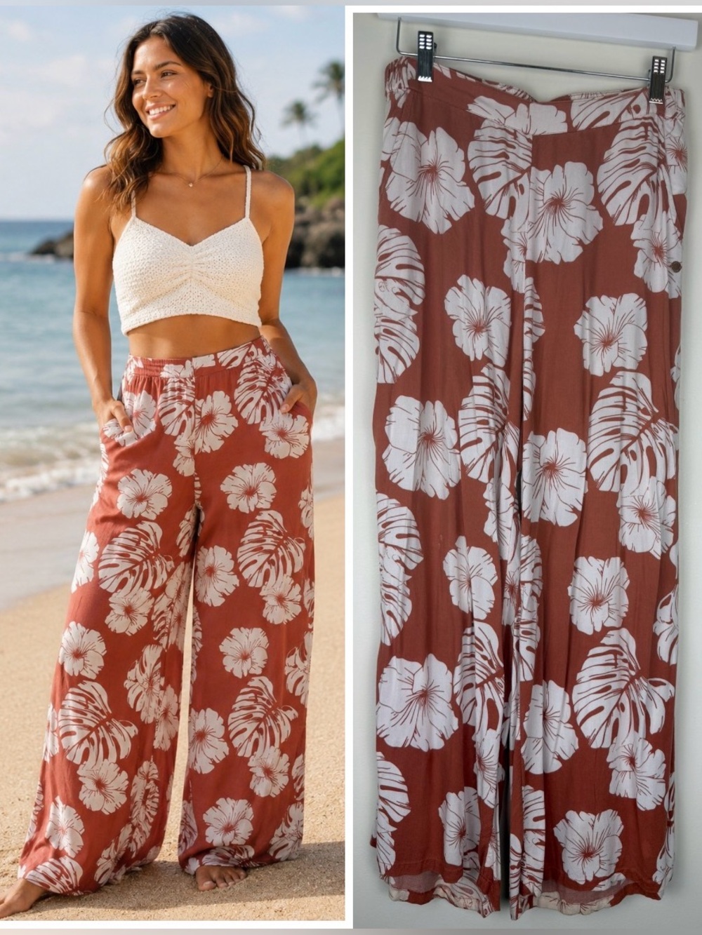 ROXY Hibiscus Monstera Tropical Print Wide Leg Pants Small Beach Surf